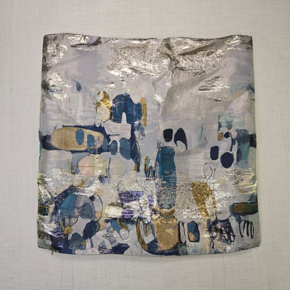 West Elm Pillow Cover 20x20" Abstract Metallic Landscape  GUC Silver Gold Blue